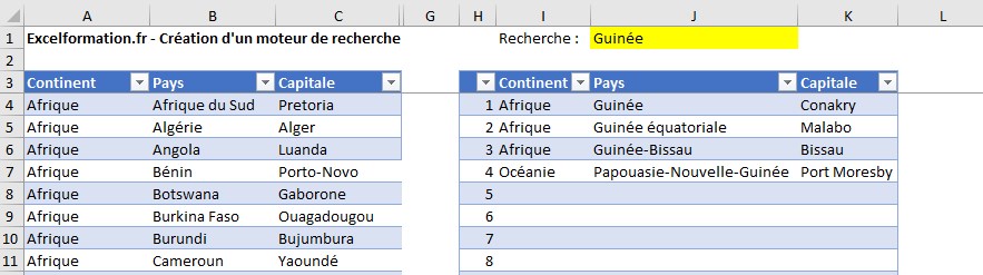 Excel formation - video comment crer un moteur de recherche filtres labors