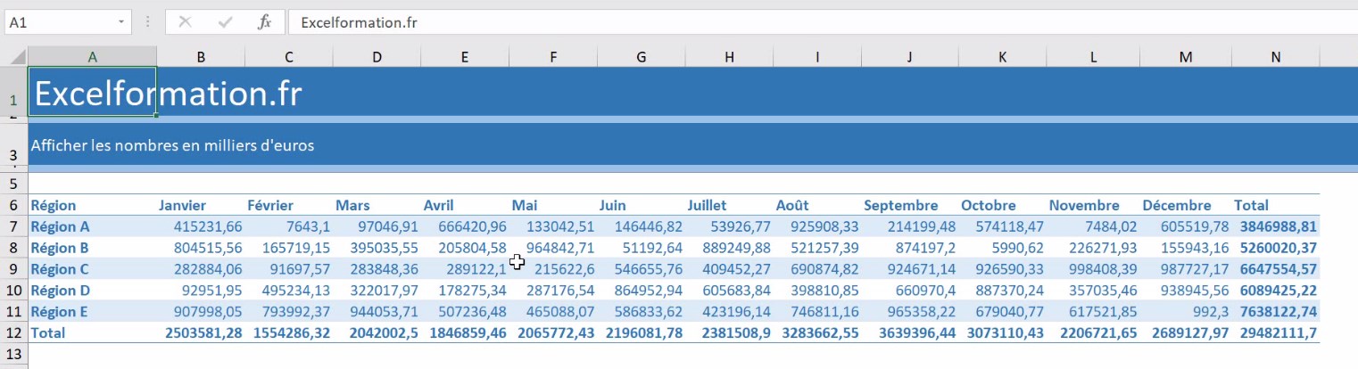 Excel formation - video comment afficher des donnes en milliers d euros k