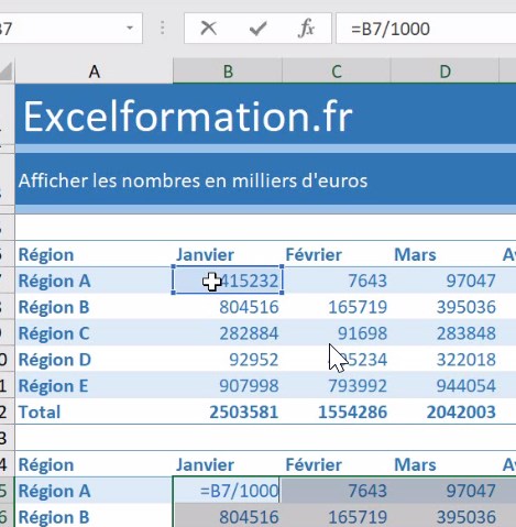 Excel formation - video comment afficher des donnes en milliers d euros k