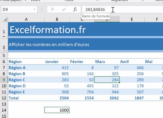 Excel formation - video comment afficher des donnes en milliers d euros k