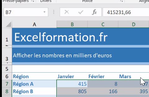 Excel formation - video comment afficher des donnes en milliers d euros k