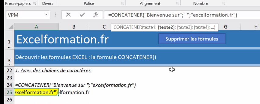 Excel formation - video assembler des cellules avec la fonction concatener