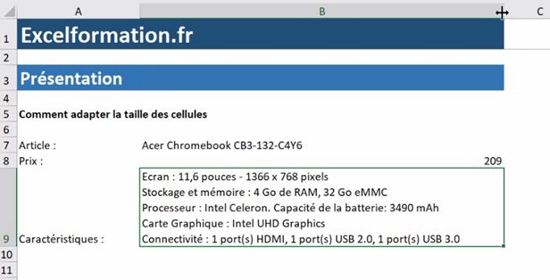 Excel formation - Ajuster la taille de cellule - 11