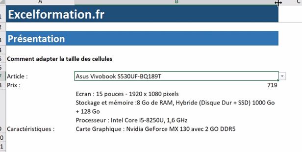 Excel formation - Ajuster la taille de cellule - 12