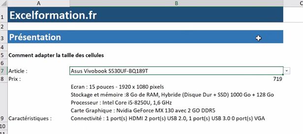 Excel formation - Ajuster la taille de cellule - 13