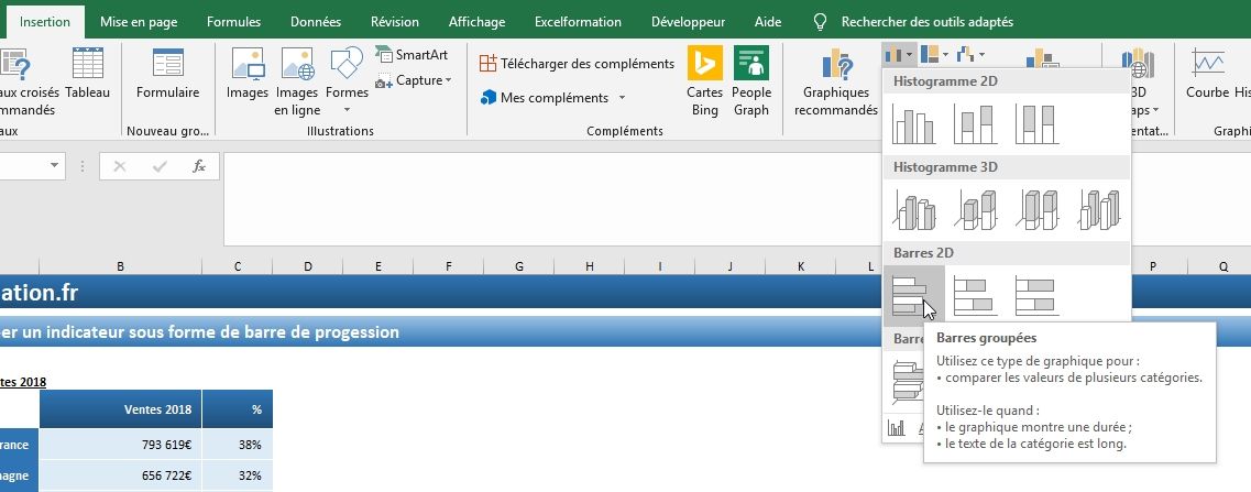 Excel formation - Créer un indicateur barre de progession Excel - 02