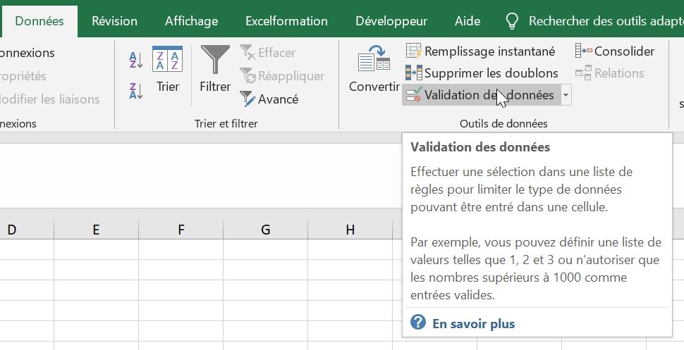 Excel formation - Validation de données en formule - 07