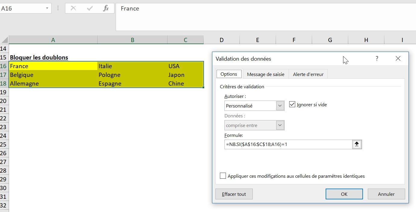 Excel formation - Validation de données en formule - 19