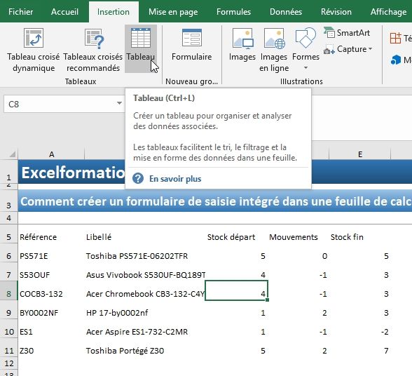 Excel formation - Comment créer un formulaire de saisie intégré - 02