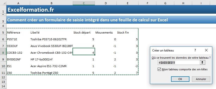 Excel formation - Comment créer un formulaire de saisie intégré - 03