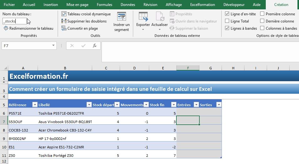 Excel formation - Comment créer un formulaire de saisie intégré - 07