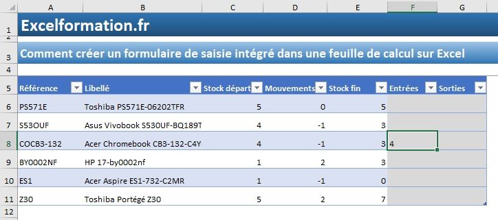 Excel formation - Comment créer un formulaire de saisie intégré - 13