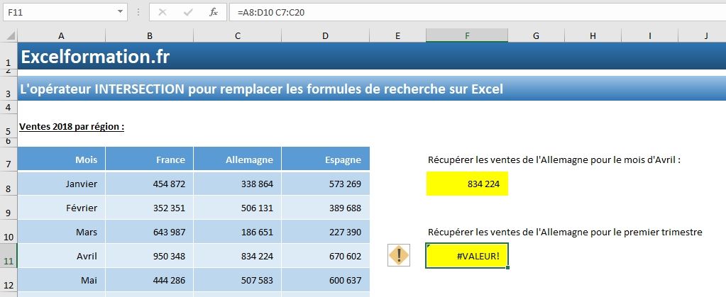 Excel formation - L'opérateur d'INTERSECTION - 02