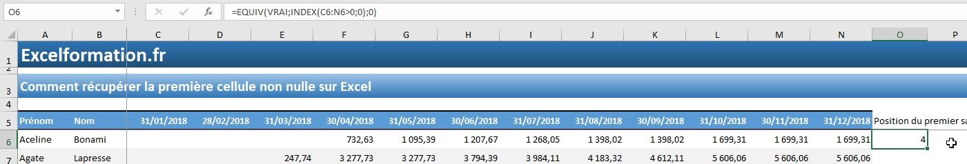 Excel formation - Première cellule non nulle - 06