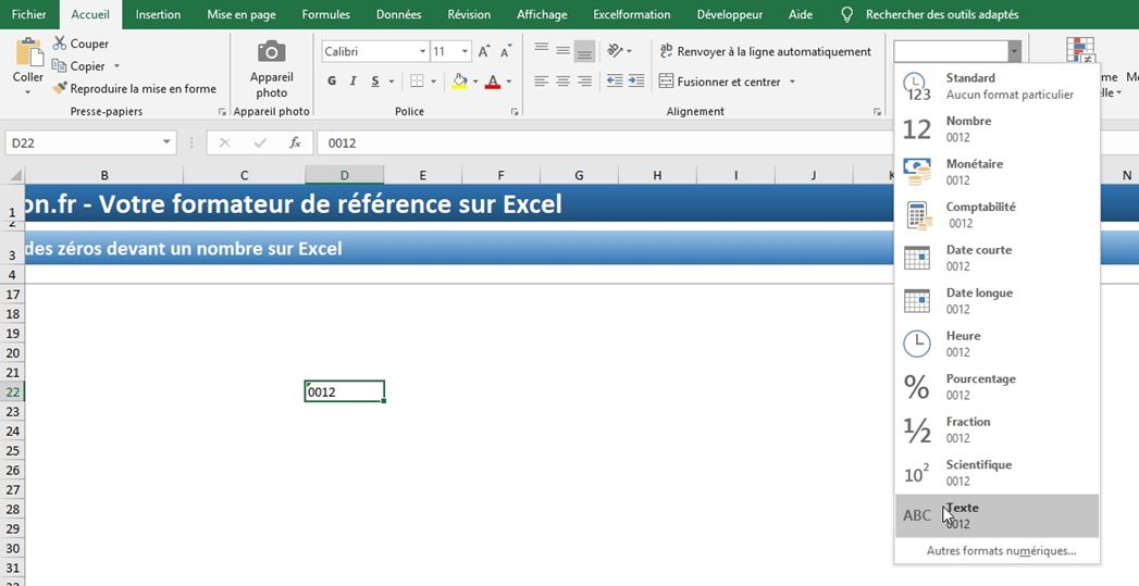 Excel formation - Comment ajouter des zéros devant un nombre - 09