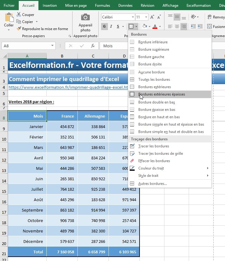 Excel formation - Comment imprimer le quadrillage d'Excel - 03