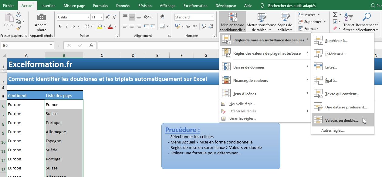 Excel formation - Identifier les doublons - 03