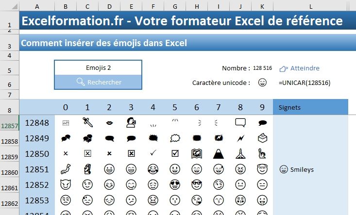 Excel formation - Insérer des emojis avec UNICAR dans Excel - 06