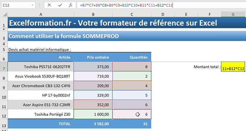 Excel formation - La fonction SOMMEPROD - 02