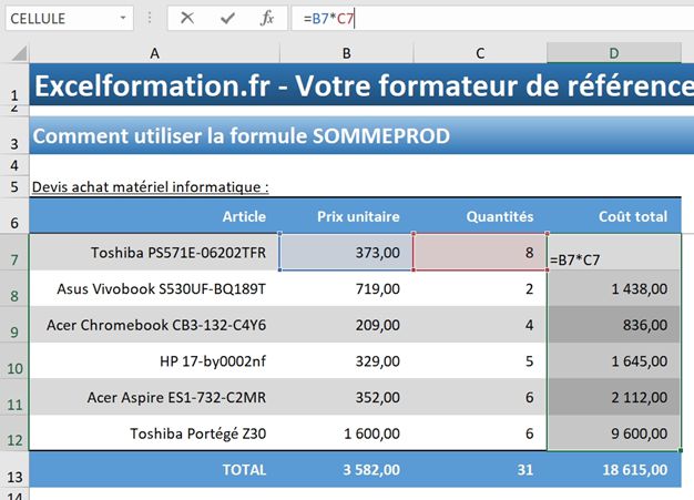 Excel formation - La fonction SOMMEPROD - 03