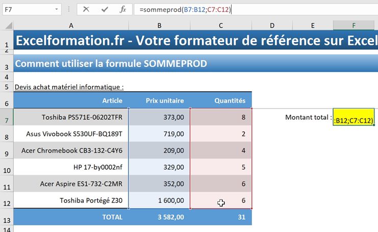 Excel formation - La fonction SOMMEPROD - 04