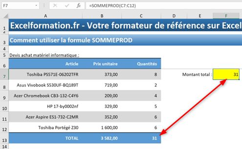 Excel formation - La fonction SOMMEPROD - 05