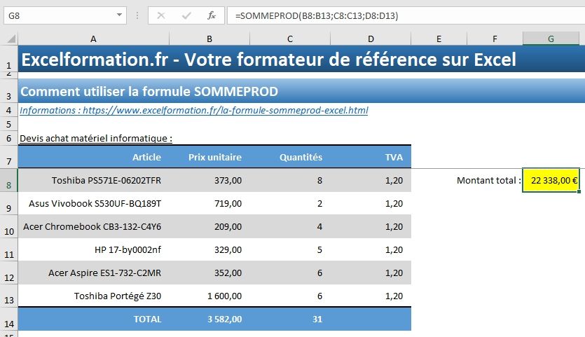 Excel formation - La fonction SOMMEPROD - 06