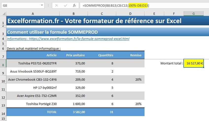 Excel formation - La fonction SOMMEPROD - 07