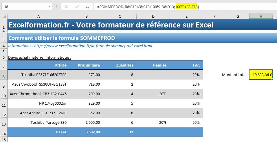 Excel formation - La fonction SOMMEPROD - 08