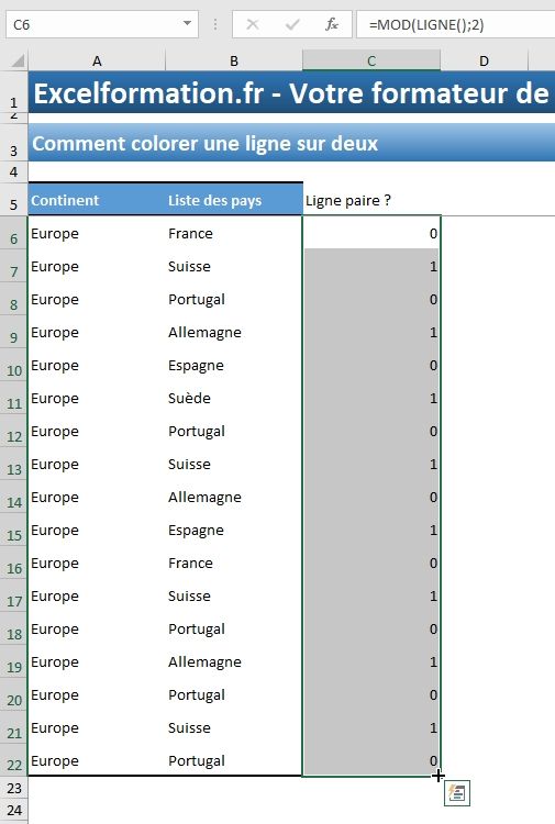 Excel formation - Surligner une ligne sur deux sur Excel - 03