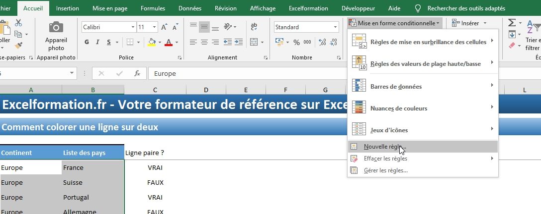 Excel formation - Surligner une ligne sur deux sur Excel - 06