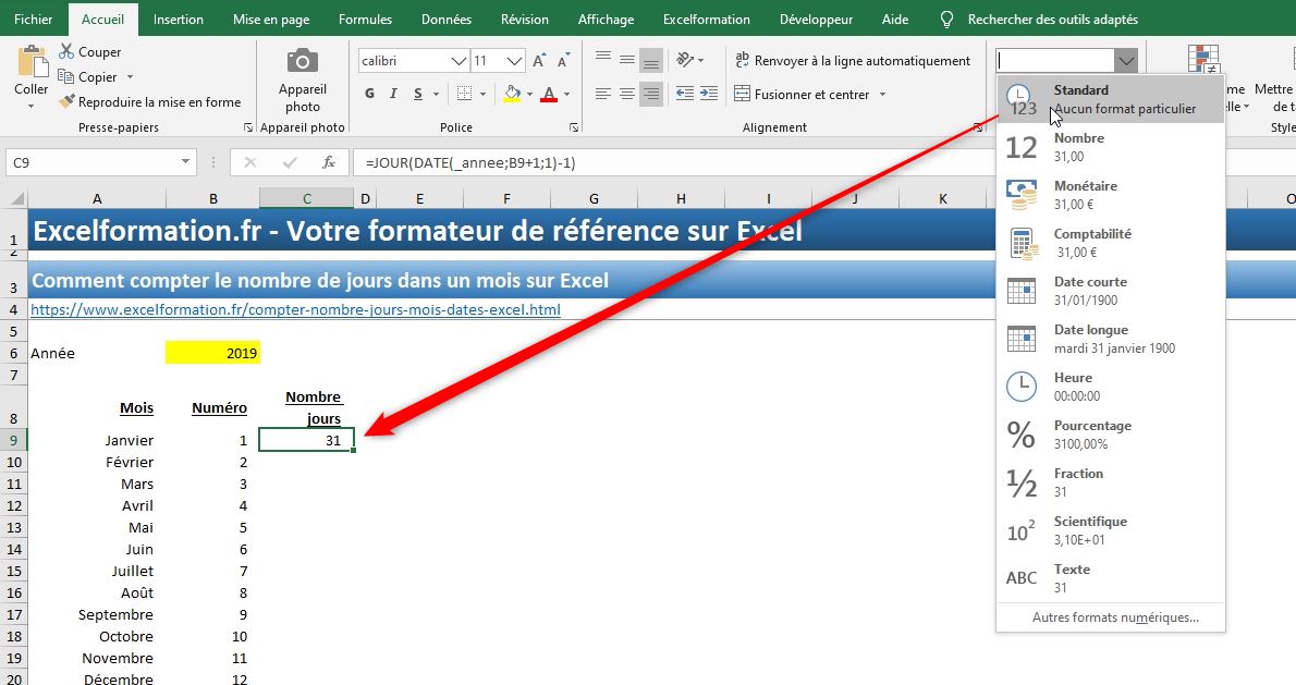 Excel formation - 040 Compter le nombre de jour d'un mois - 04