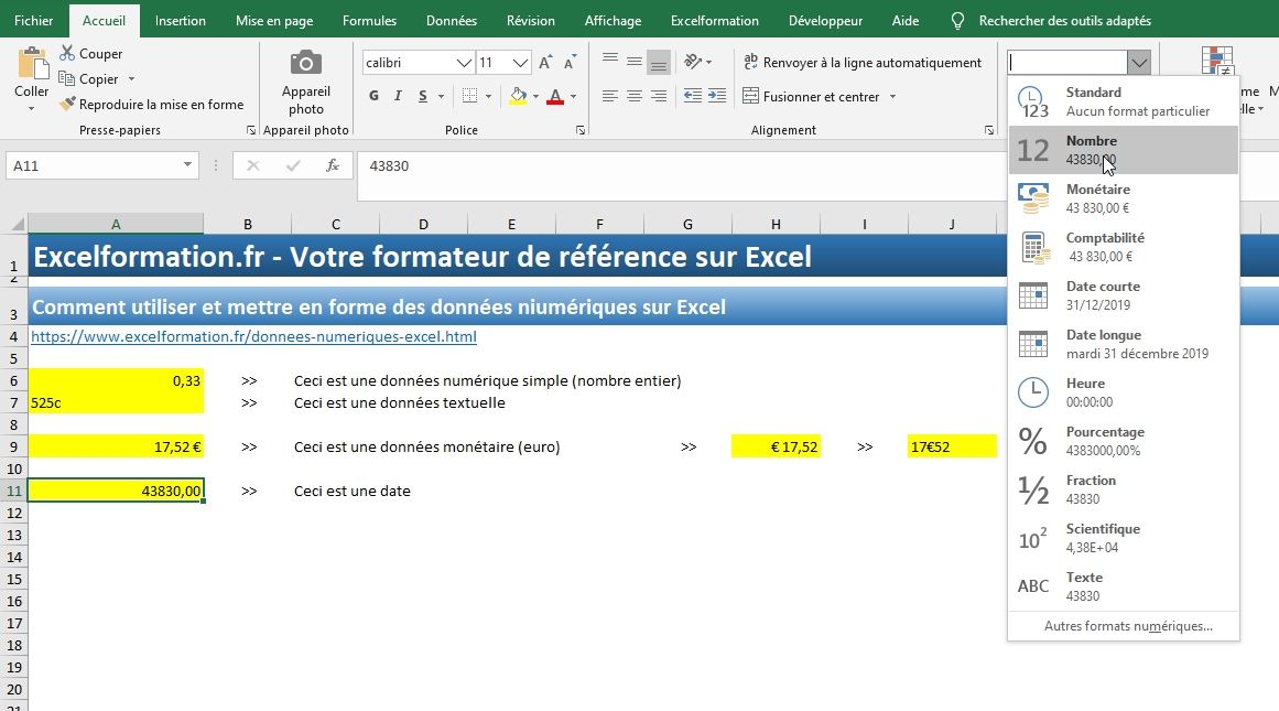 Excel formation - Apprendre Excel - cellules numériques - 21