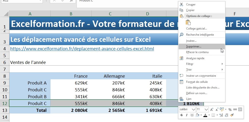 Excel formation - déplacement avancé de cellules - 04