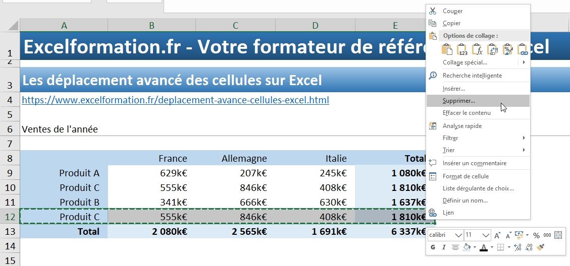 Excel formation - déplacement avancé de cellules - 09