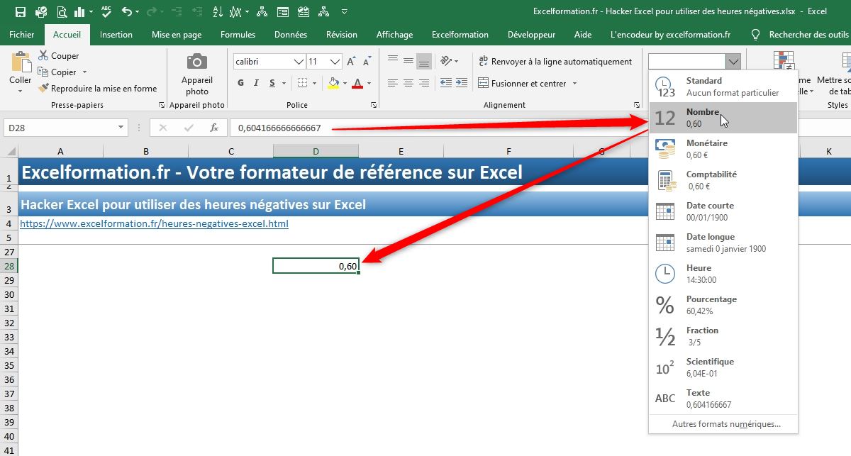 Excel formation - heures négatives - 02