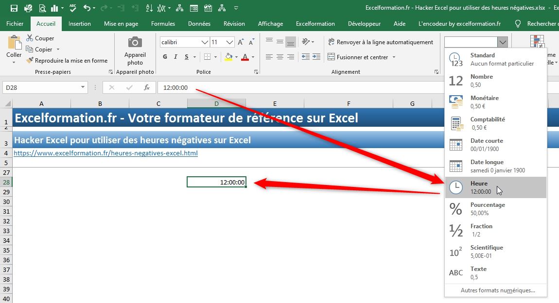 Excel formation - heures négatives - 03