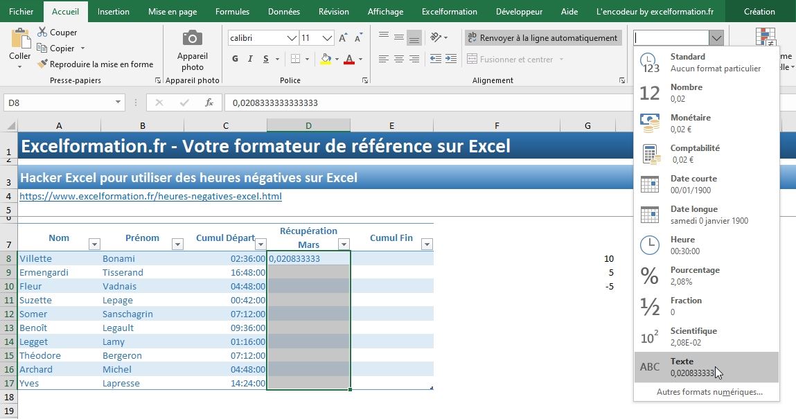 Excel formation - heures négatives - 06