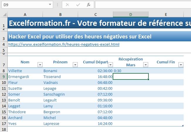 Excel formation - heures négatives - 07