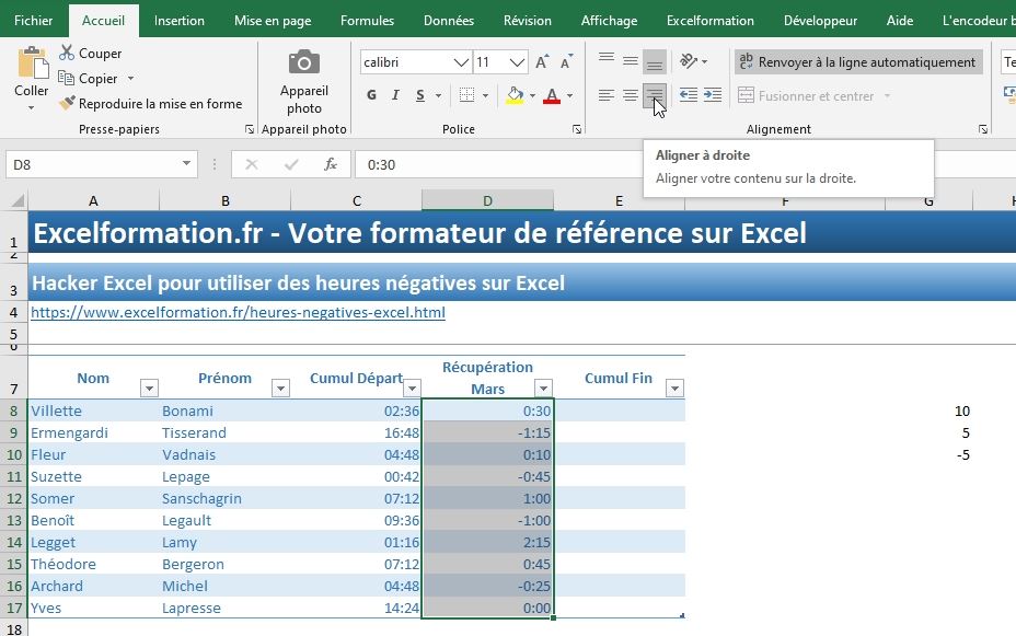 Excel formation - heures négatives - 09