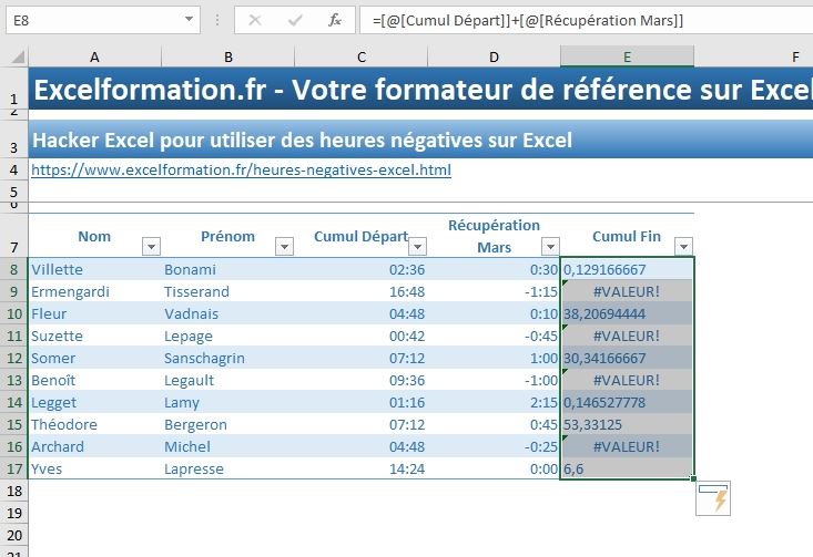 Excel formation - heures négatives - 10