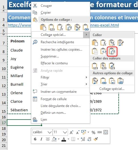 Excel formation - Lignes en colonnes - 08