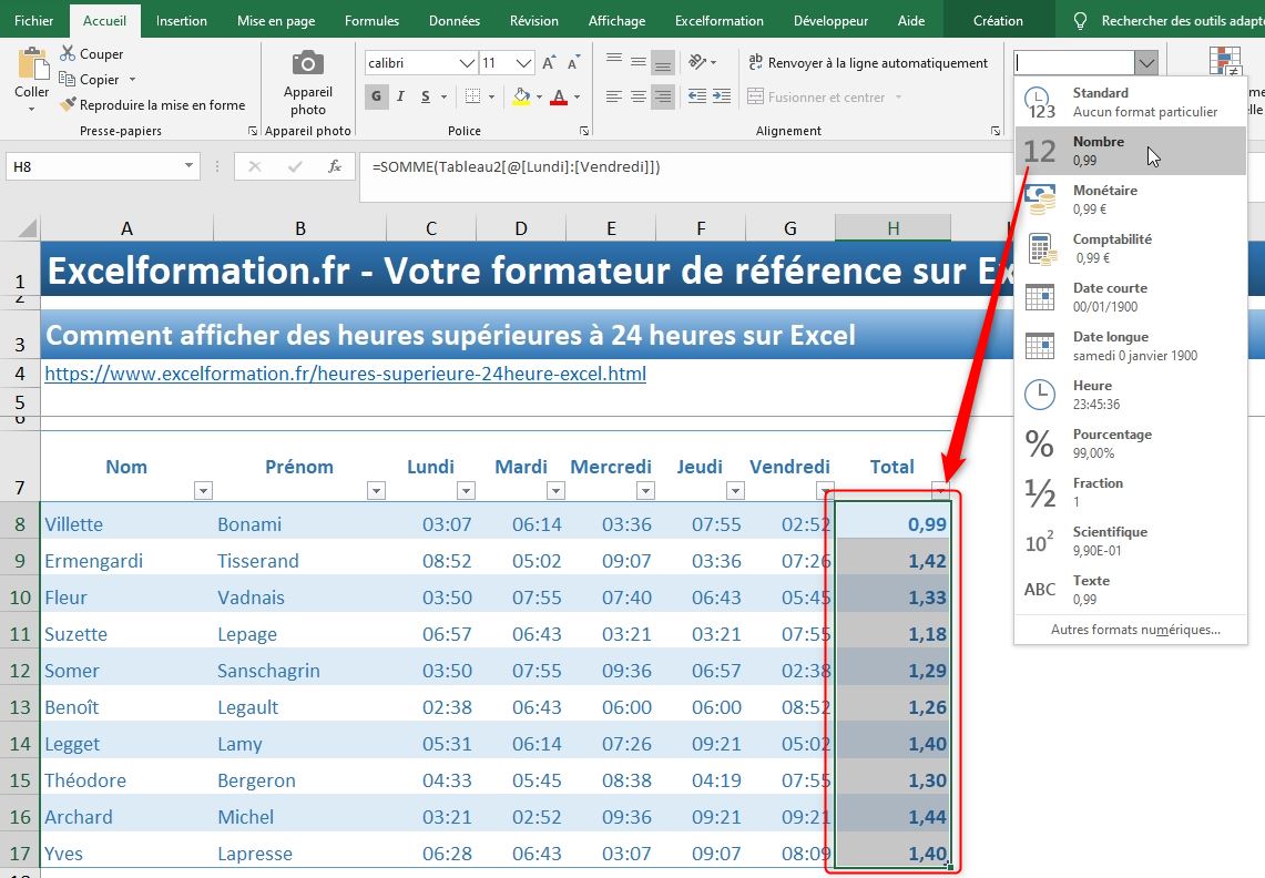 Excel formation - heures plus 24 heures - 08