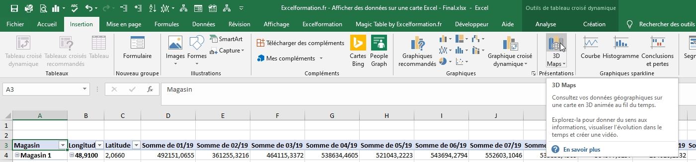 Excel formation - Afficher des données sur une carte - 15