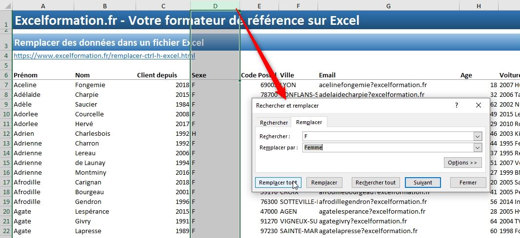 Excel formation - Remplacer des données - 08
