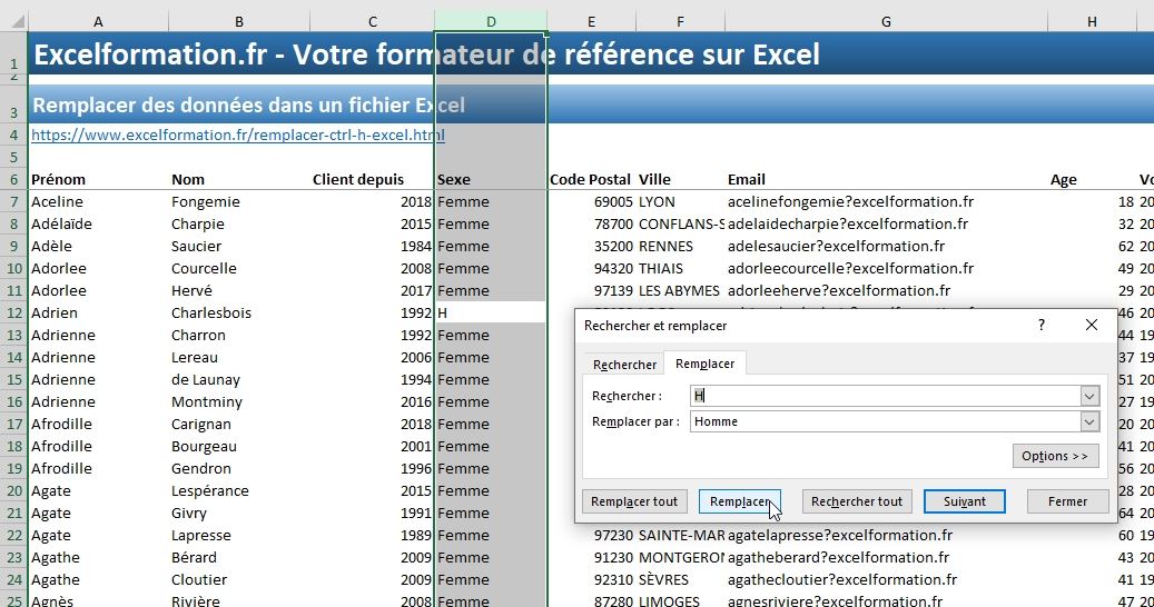 Excel formation - Remplacer des données - 10