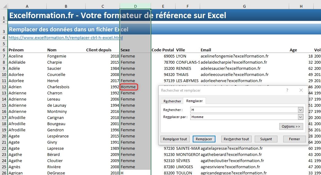 Excel formation - Remplacer des données - 11