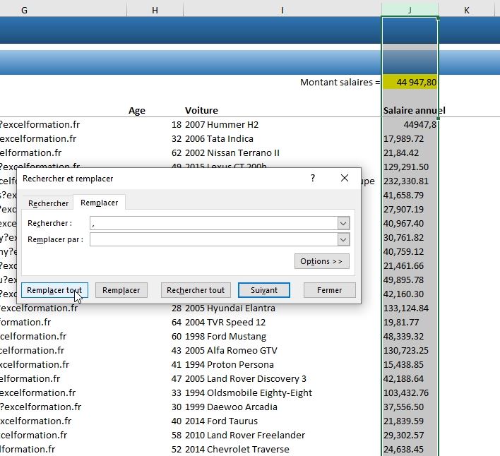 Excel formation - Remplacer des données - 13