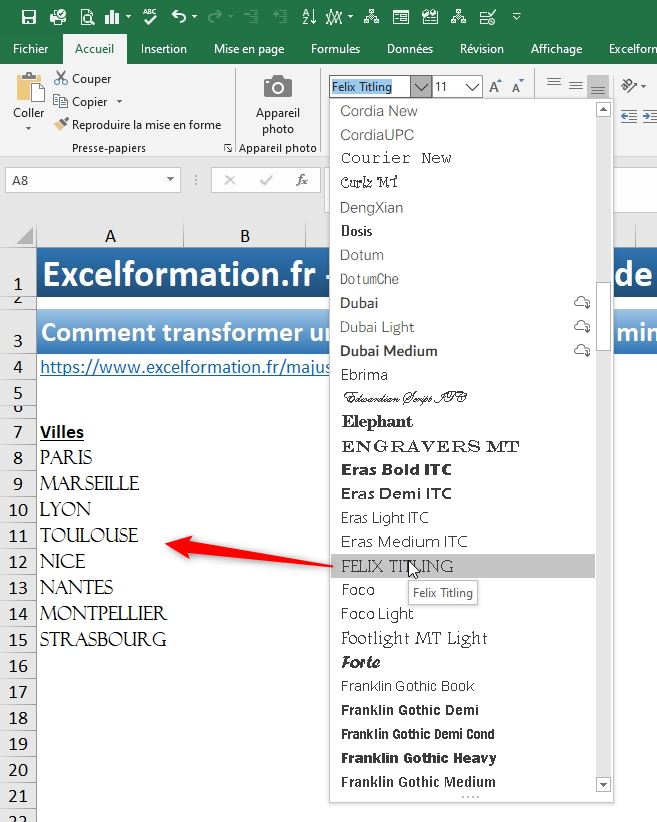 Excel formation - Texte en majuscules - 03