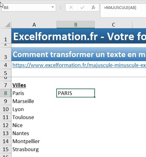 Excel formation - Texte en majuscules - 17